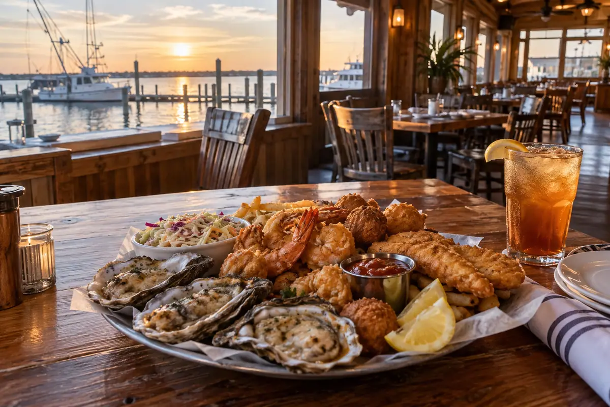 Photoreal travel-editorial view of Original Oyster House in Gulf Shores, Alabama