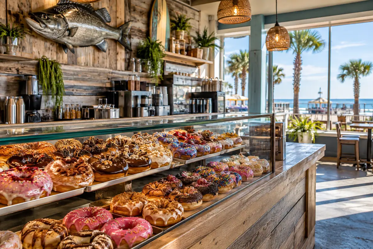 Photoreal travel-editorial view of Sassy Bass Crazy Donuts in Gulf Shores, Alabama