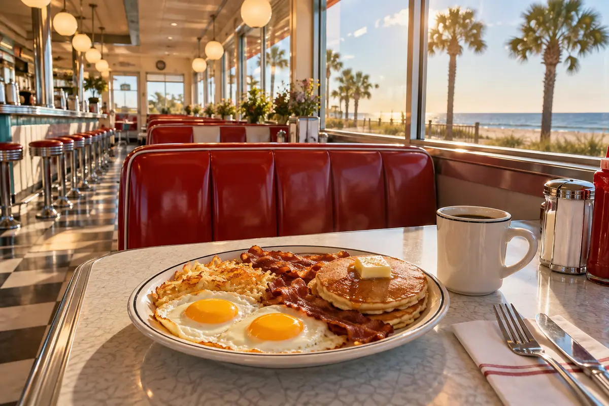 Photoreal travel-editorial view of Sunliner Diner in Gulf Shores, Alabama