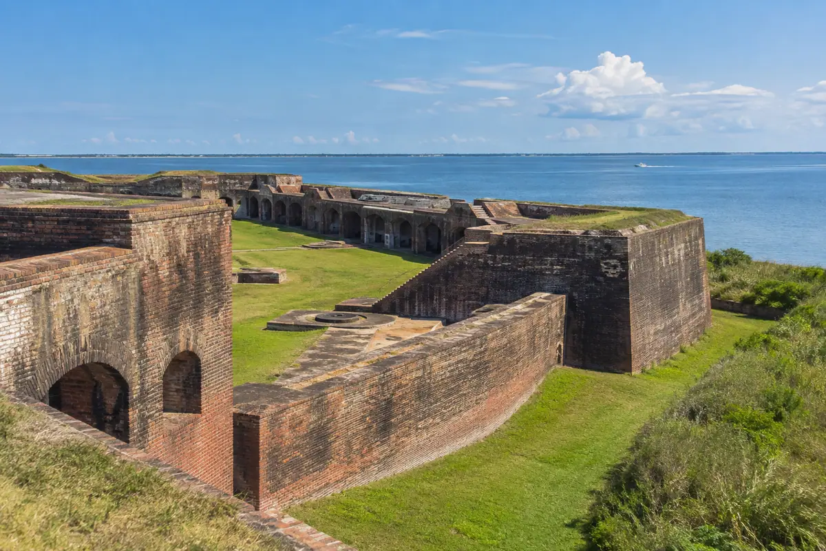 Photoreal travel-editorial view of Fort Morgan Historic Site in Gulf Shores, Alabama