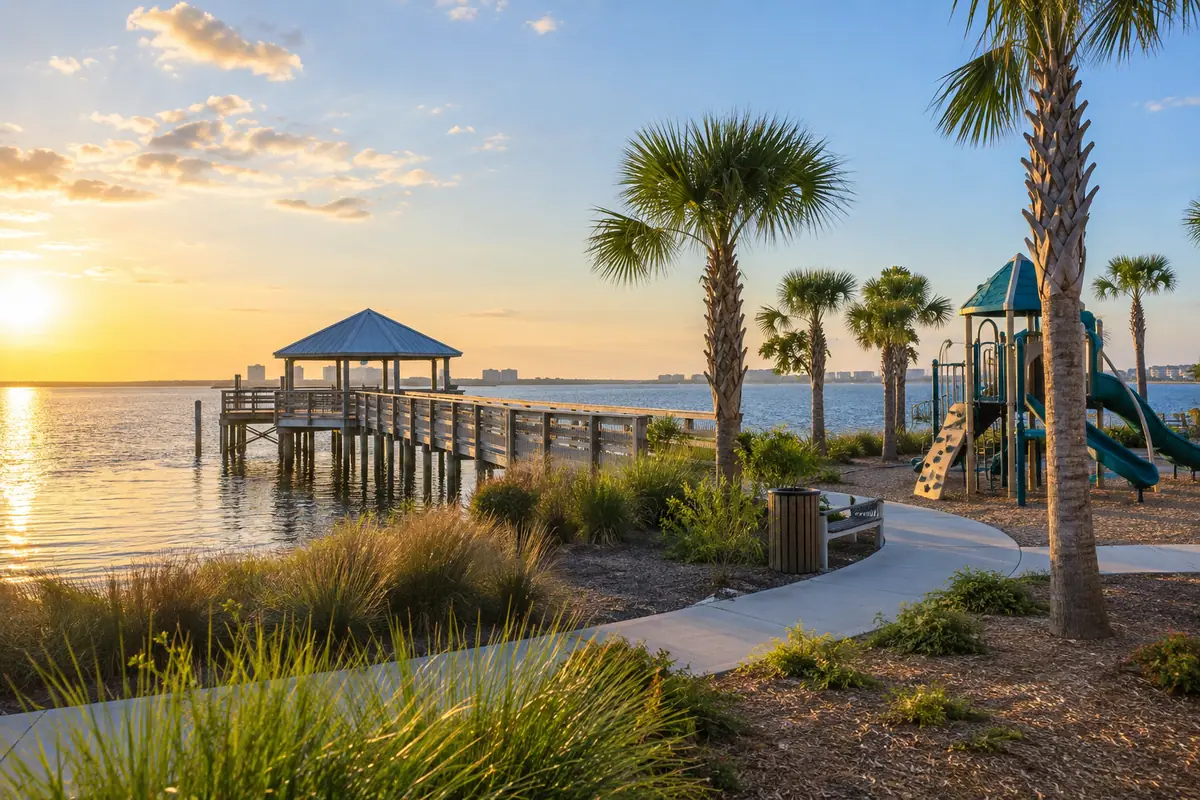 Photoreal travel-editorial view of Orange Beach Waterfront Park in Gulf Shores, Alabama