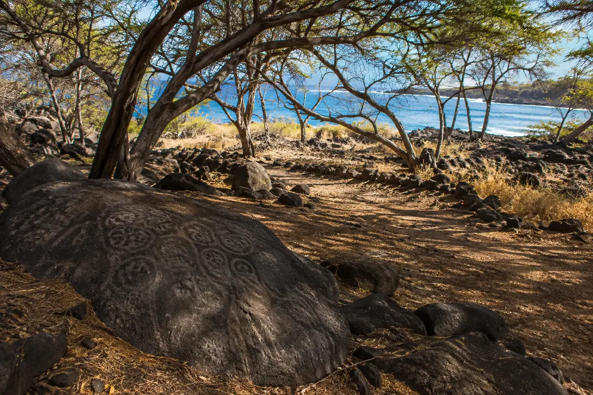 Photoreal lava-rock trail at Puako Petroglyph Archaeological Preserve
