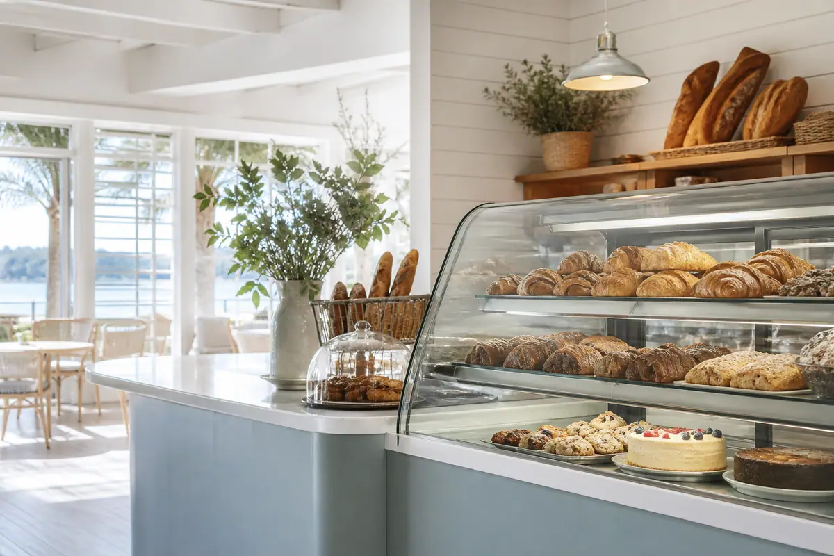 Photoreal travel-editorial view of Harbour Town Bakery & Cafe on Hilton Head Island, South Carolina