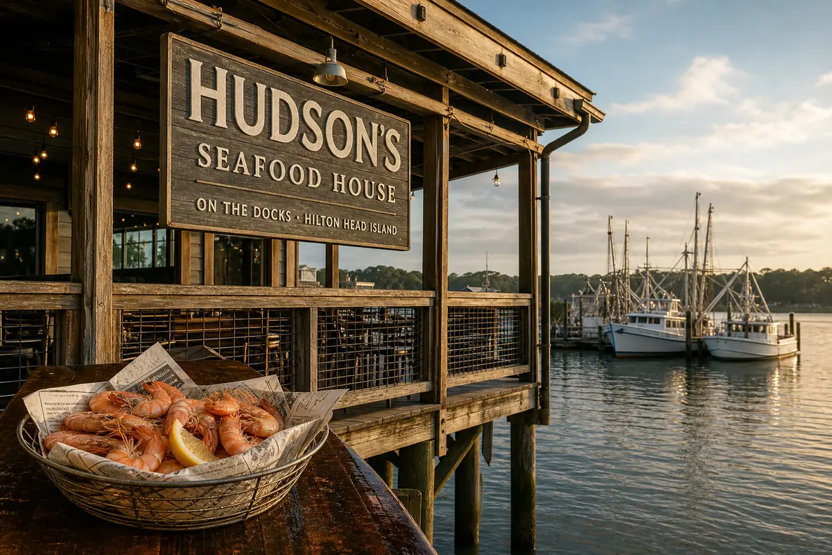 Photoreal travel-editorial view of Hudson’s Seafood House on the Docks on Hilton Head Island, South Carolina