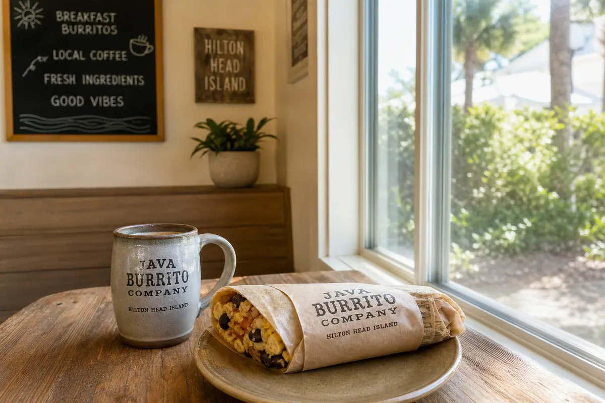 Photoreal travel-editorial view of Java Burrito Company on Hilton Head Island, South Carolina
