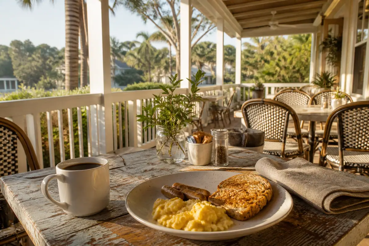 Photoreal travel-editorial view of Palmetto Bay Sunrise Cafe on Hilton Head Island, South Carolina