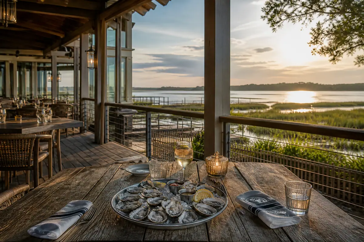Photoreal travel-editorial view of Skull Creek Boathouse on Hilton Head Island, South Carolina
