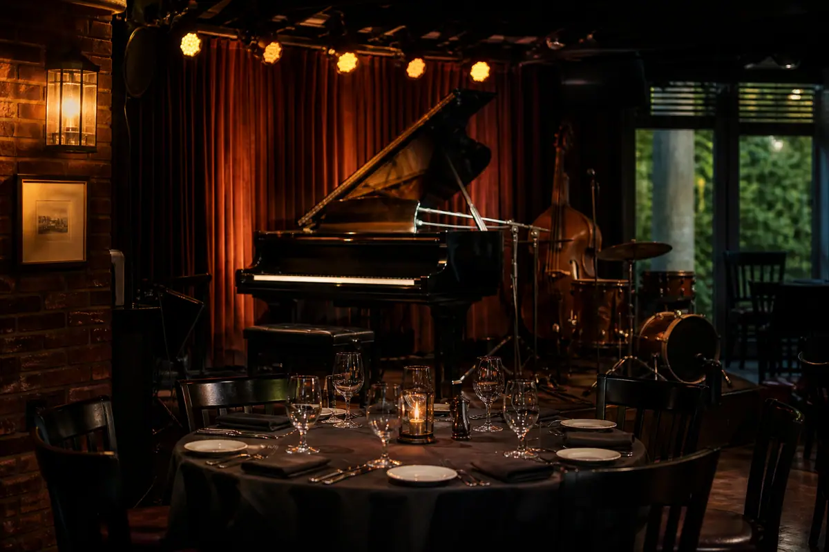 Photoreal travel-editorial view of The Jazz Corner on Hilton Head Island, South Carolina