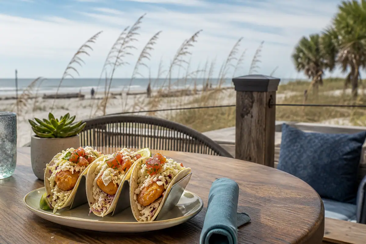 Photoreal travel-editorial view of The Sandbar Beach Eats on Hilton Head Island, South Carolina