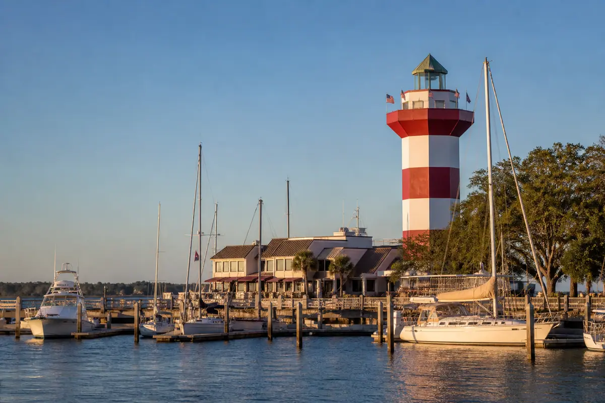 Photoreal travel-editorial view of Harbour Town Lighthouse and Marina on Hilton Head Island, South Carolina