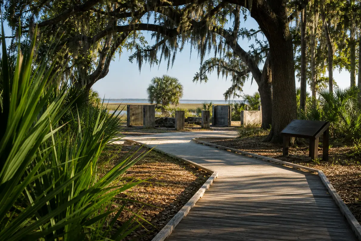 Photoreal travel-editorial view of Mitchelville Freedom Park on Hilton Head Island, South Carolina