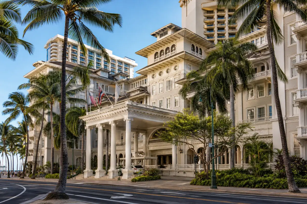 Photoreal oceanfront facade of Moana Surfrider on Waikiki Beach