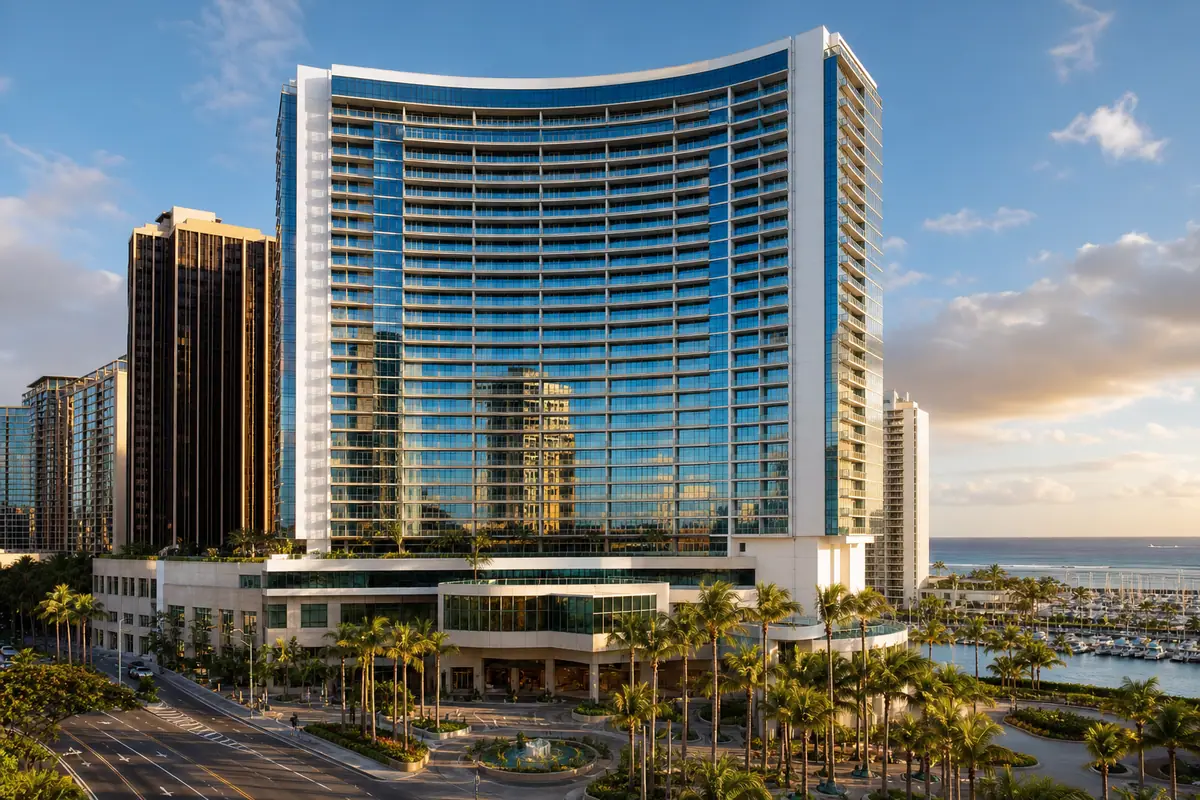 Photoreal harborfront exterior of Prince Waikiki