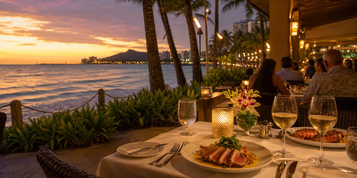 Photoreal elegant oceanfront dinner scene representing House Without A Key in Honolulu