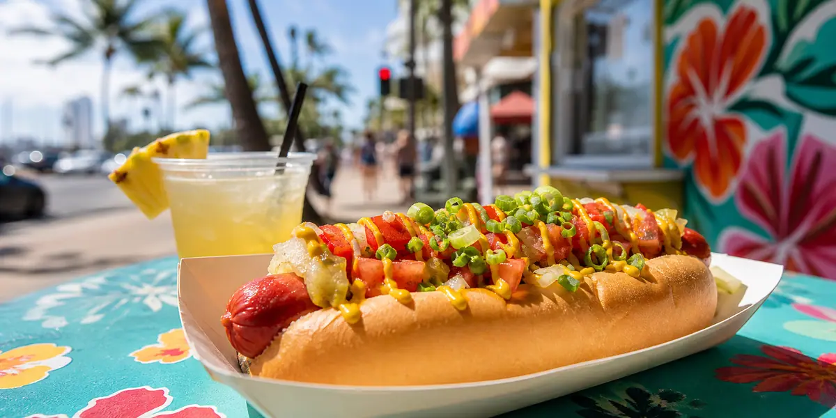Photoreal tropical hot dog scene representing Hula Dog Kuhio in Honolulu