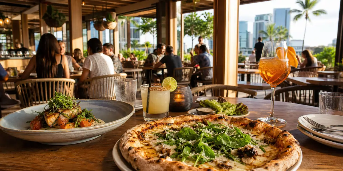 Photoreal refined indoor-outdoor dining scene representing Moku Kitchen in Honolulu