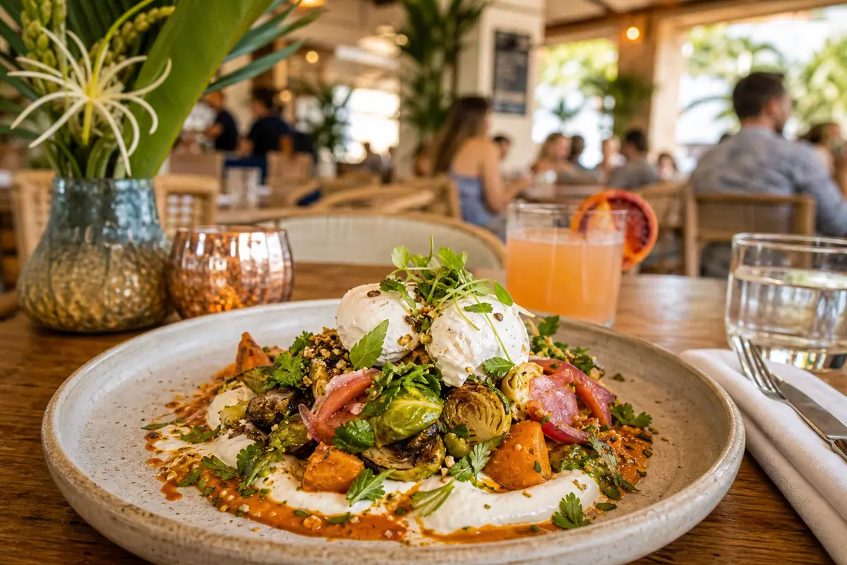 Photoreal chef-driven island plate scene representing Mud Hen Water in Honolulu