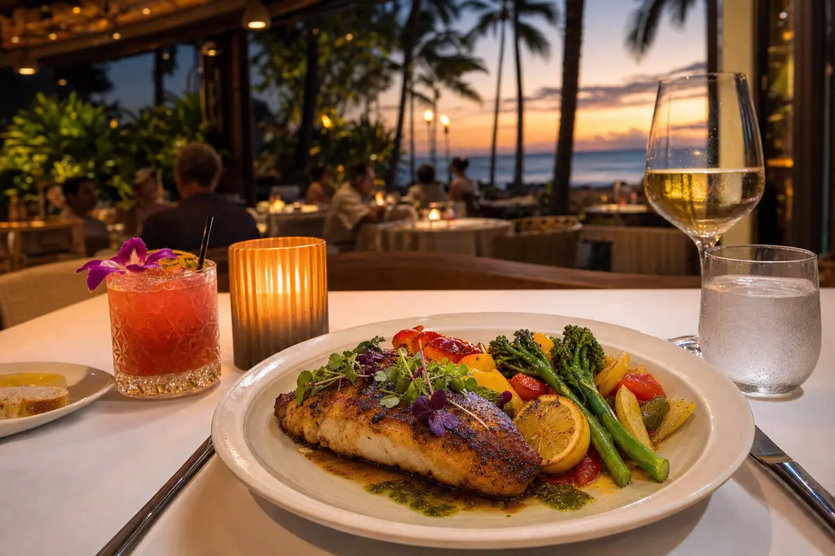 Photoreal upscale seafood dinner scene representing Roy's Waikiki in Honolulu