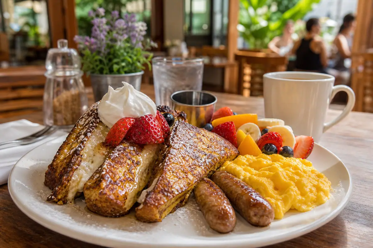 Photoreal cheerful breakfast spread representing Sweet E's Cafe in Honolulu