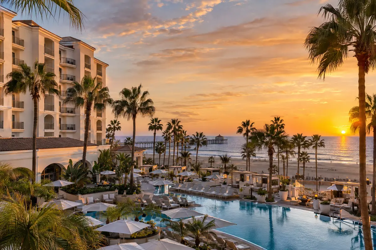Photoreal travel-editorial view of The Waterfront Beach Resort in Huntington Beach, California