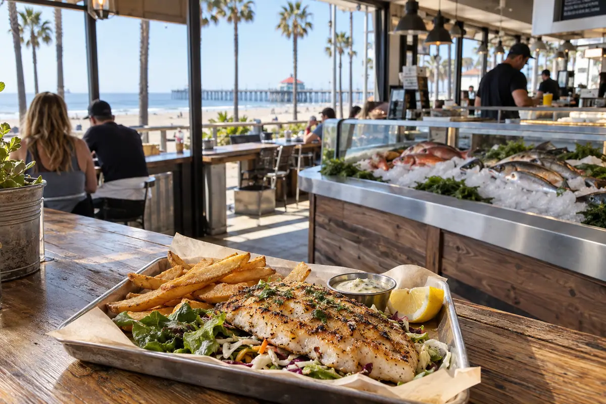 Photoreal travel-editorial view of Bear Flag Fish Company in Huntington Beach, California