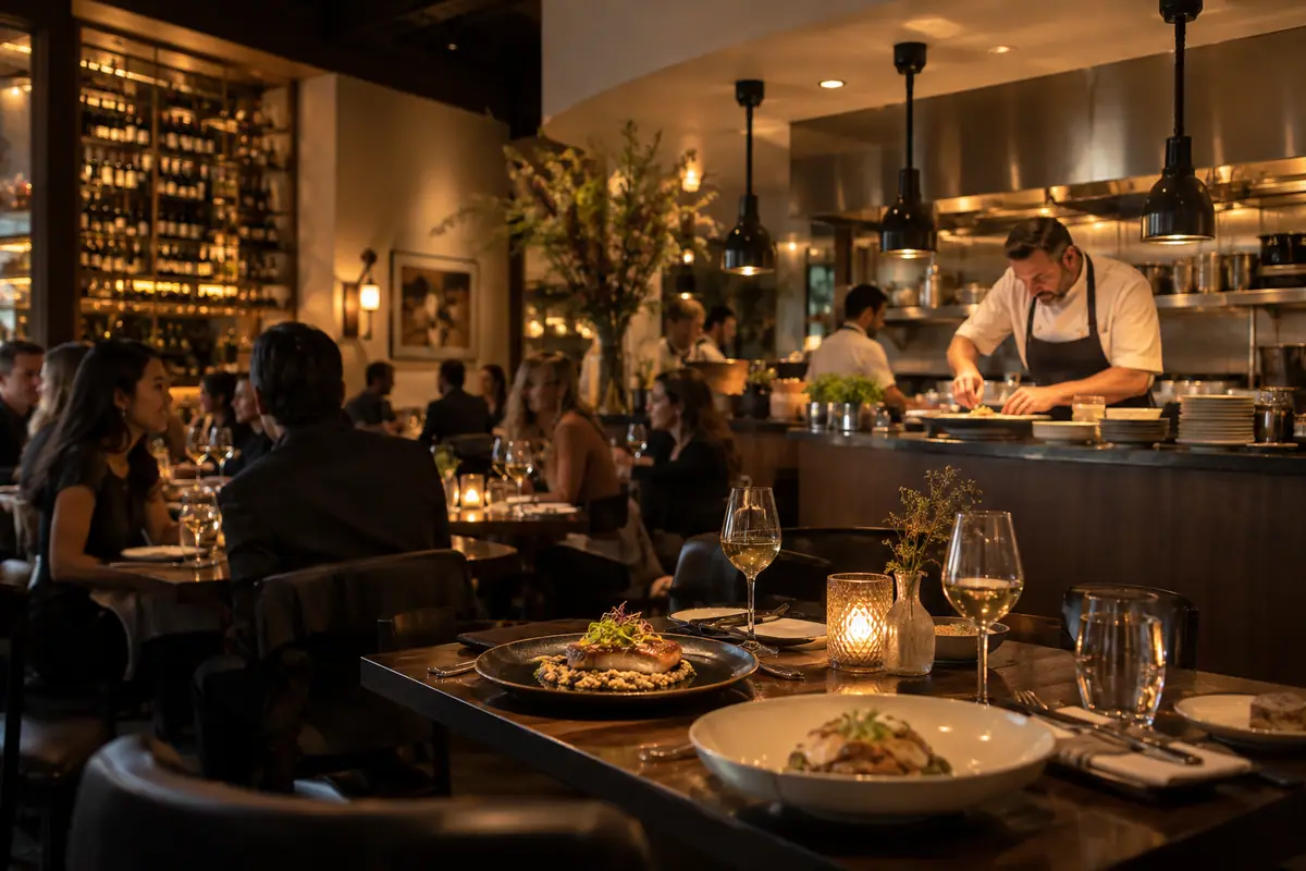 Photoreal travel-editorial view of Black Trumpet Bistro in Huntington Beach, California