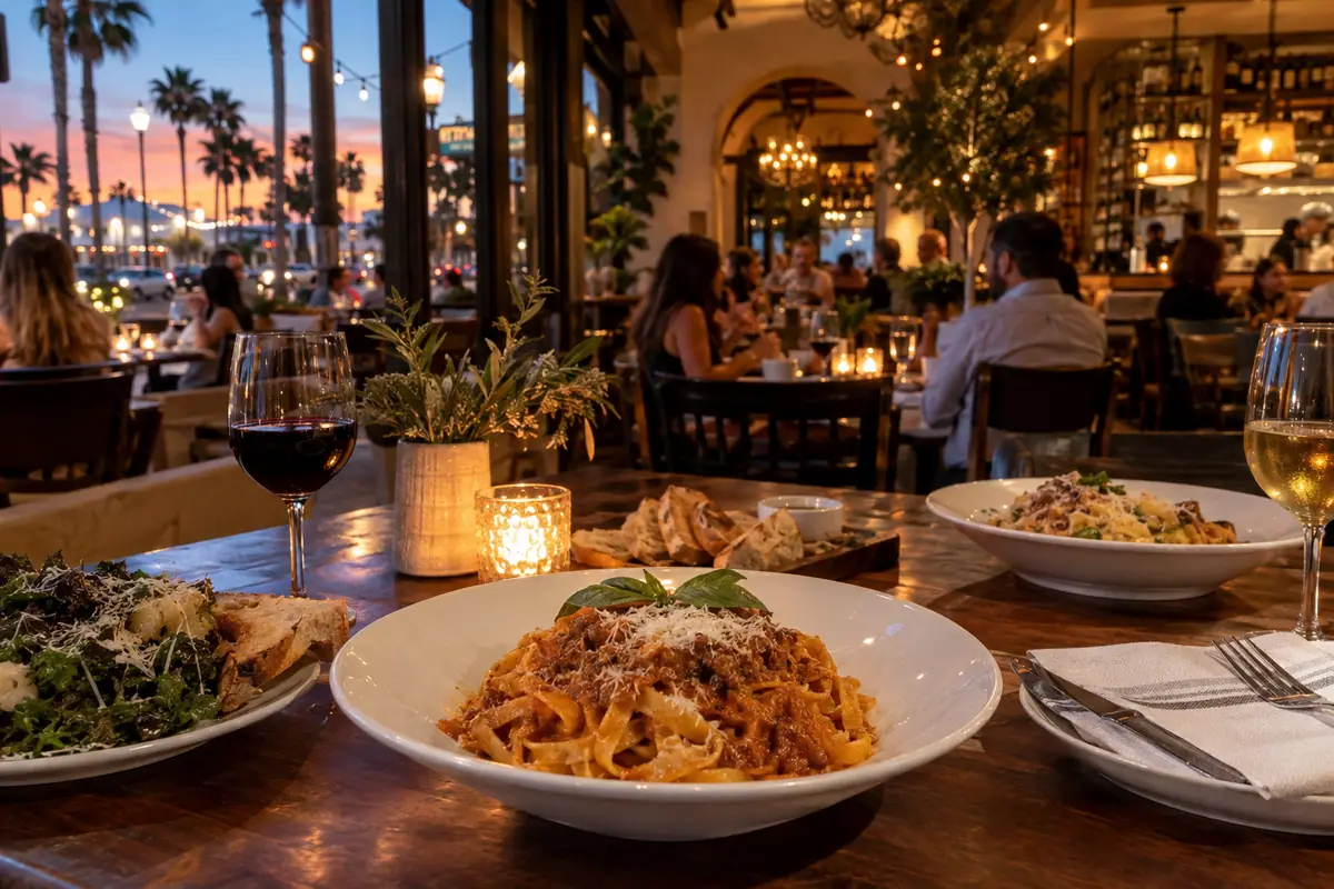 Photoreal travel-editorial view of Cucina Alessa in Huntington Beach, California