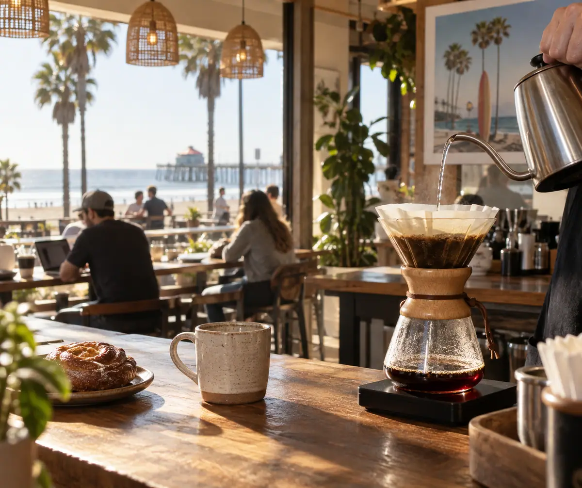 Photoreal travel-editorial view of Philz Coffee in Huntington Beach, California