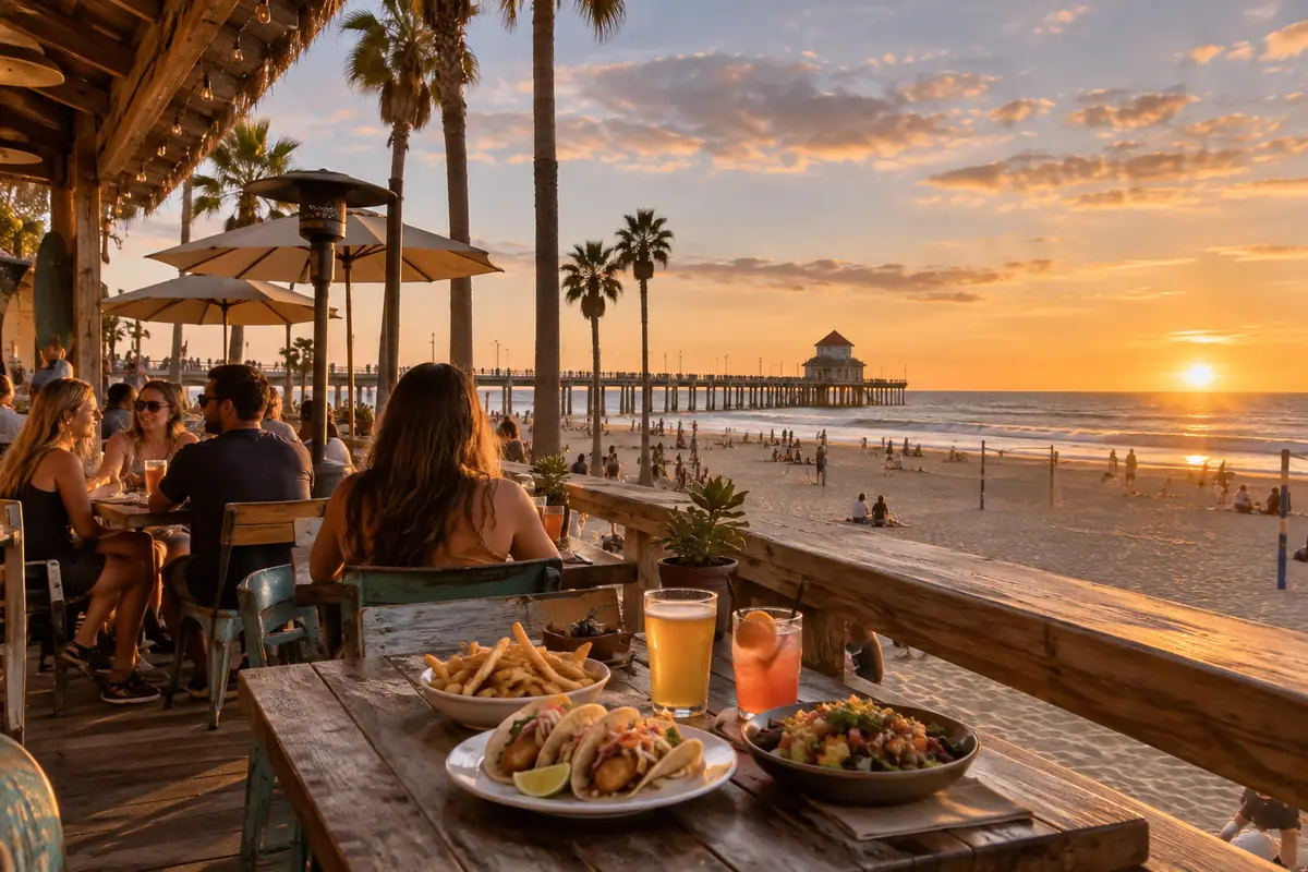 Photoreal travel-editorial view of Sandy's Beach Grill in Huntington Beach, California