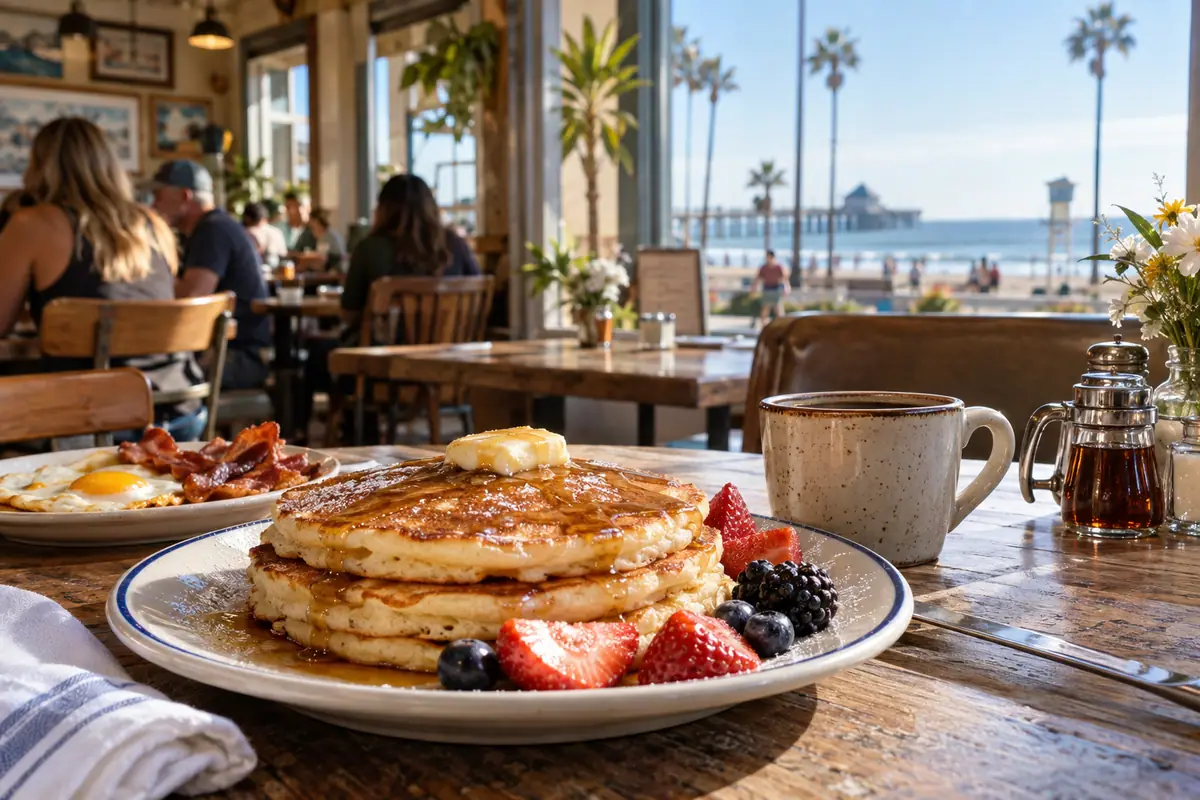 Photoreal travel-editorial view of Sugar Shack Cafe in Huntington Beach, California