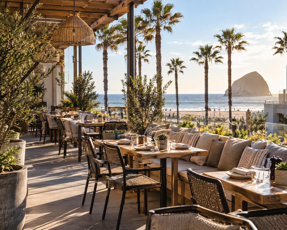 Photoreal travel-editorial view of Zinqué in Huntington Beach, California