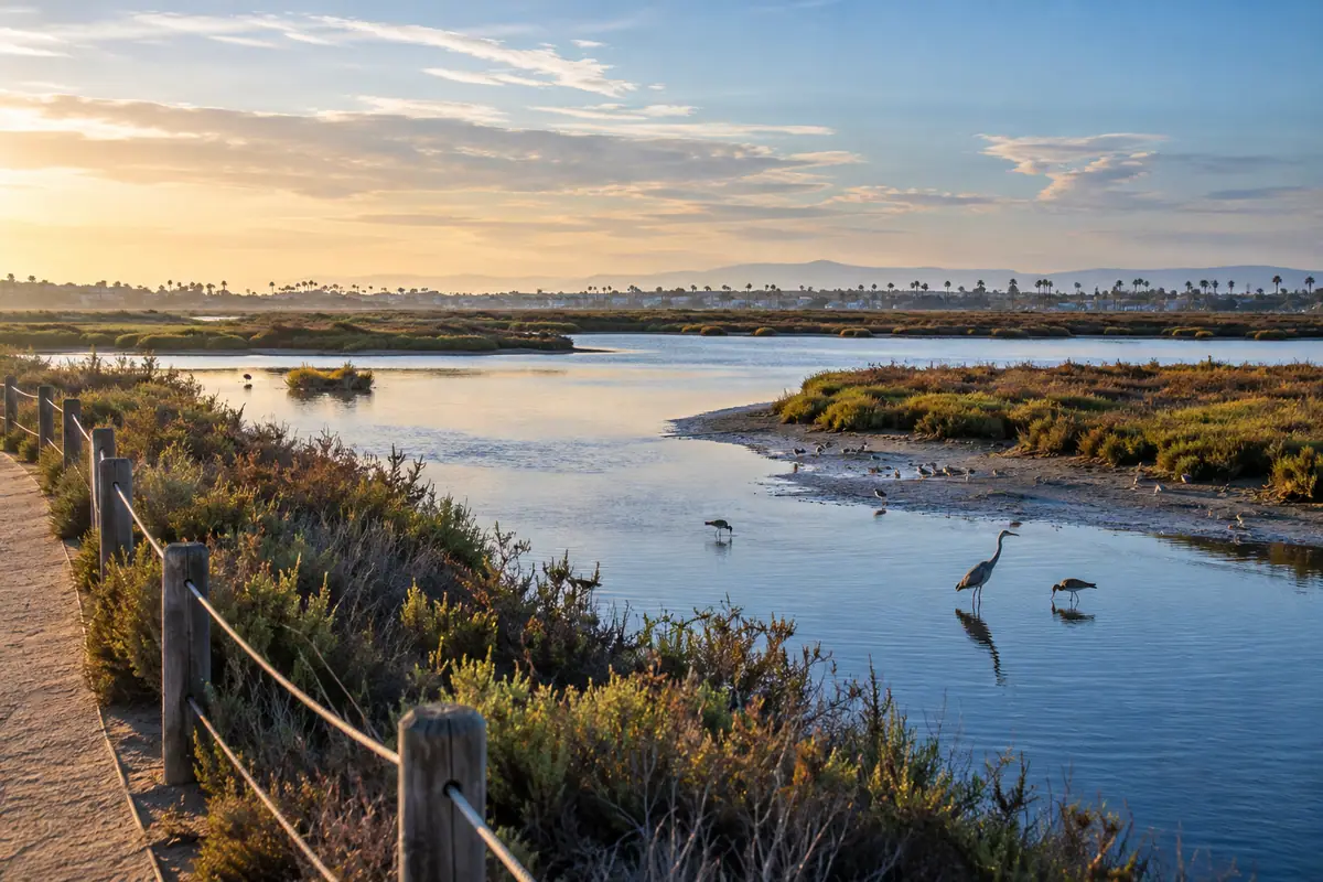 Photoreal travel-editorial view of Bolsa Chica Ecological Reserve in Huntington Beach, California