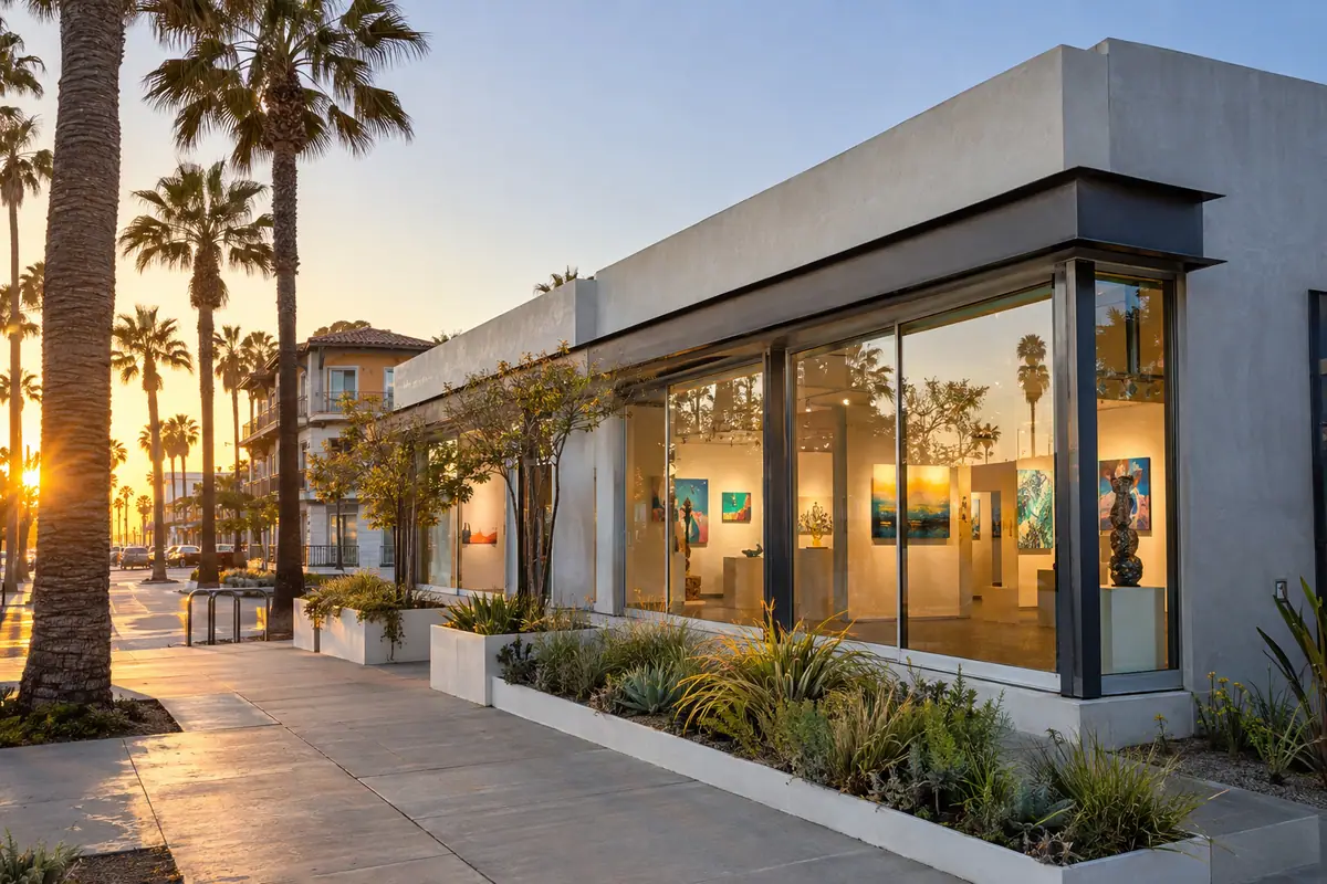 Photoreal travel-editorial view of Huntington Beach Art Center in Huntington Beach, California