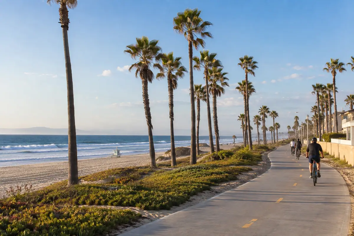 Photoreal travel-editorial view of Huntington Beach Bike Trail in Huntington Beach, California