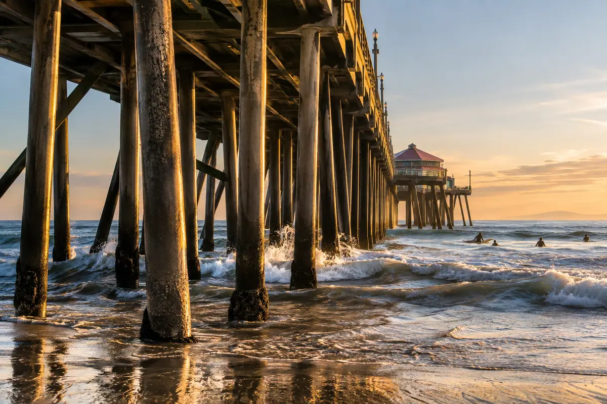 Photoreal travel-editorial view of Huntington Beach Pier in Huntington Beach, California