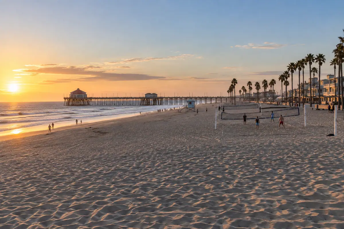 Photoreal travel-editorial view of Huntington City Beach in Huntington Beach, California