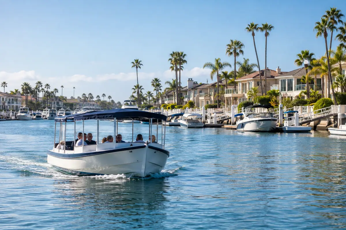 Photoreal travel-editorial view of Huntington Harbour Cruise in Huntington Beach, California