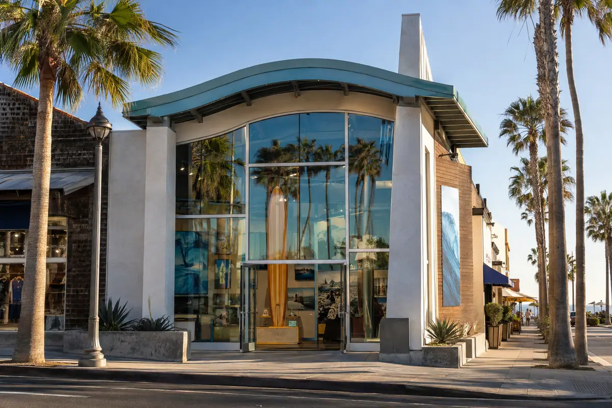 Photoreal travel-editorial view of International Surfing Museum in Huntington Beach, California