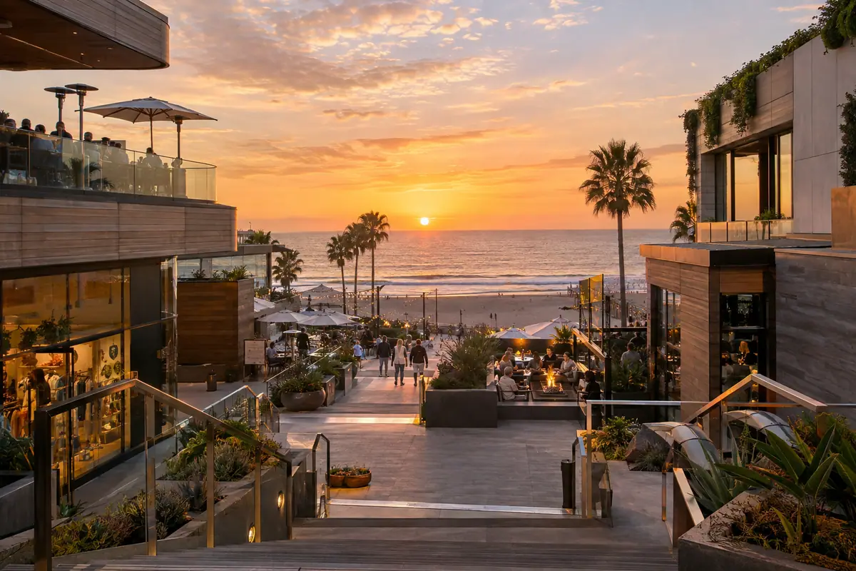 Photoreal travel-editorial view of Pacific City in Huntington Beach, California