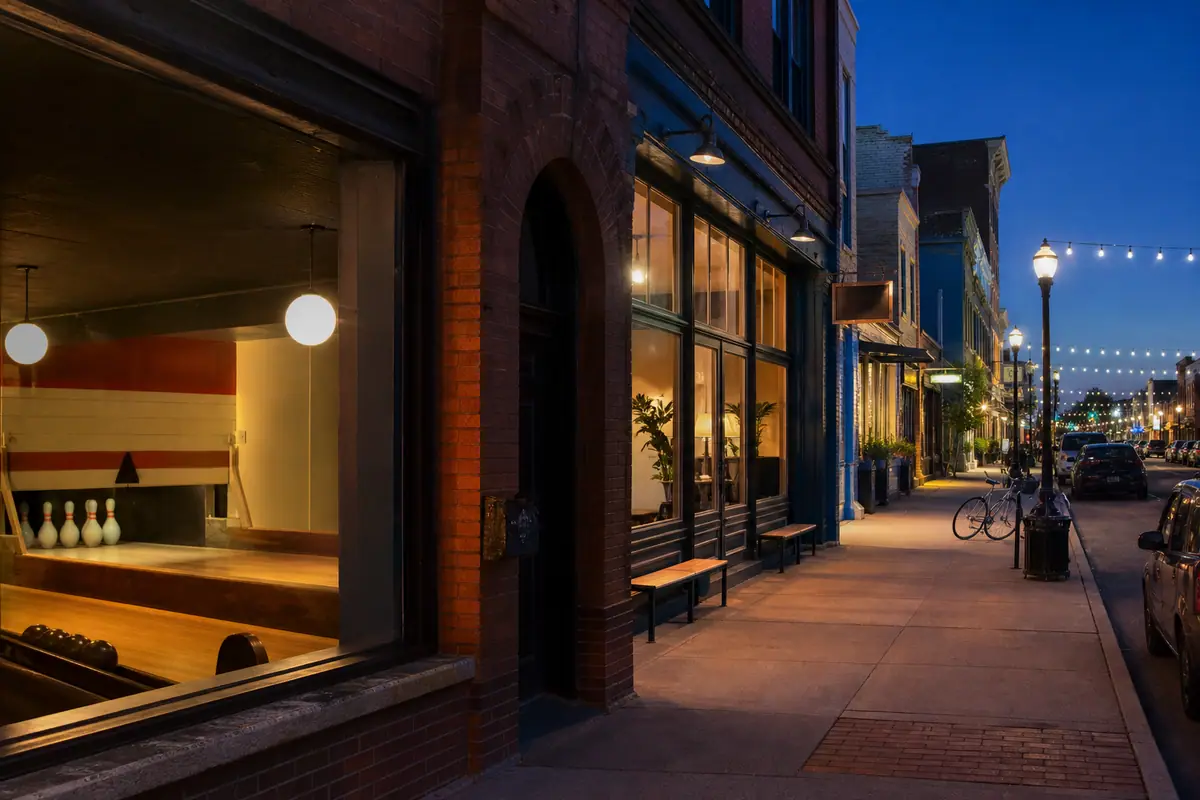 Photoreal view of Fountain Square Duckpin Bowling and Neighborhood Walk in Indianapolis