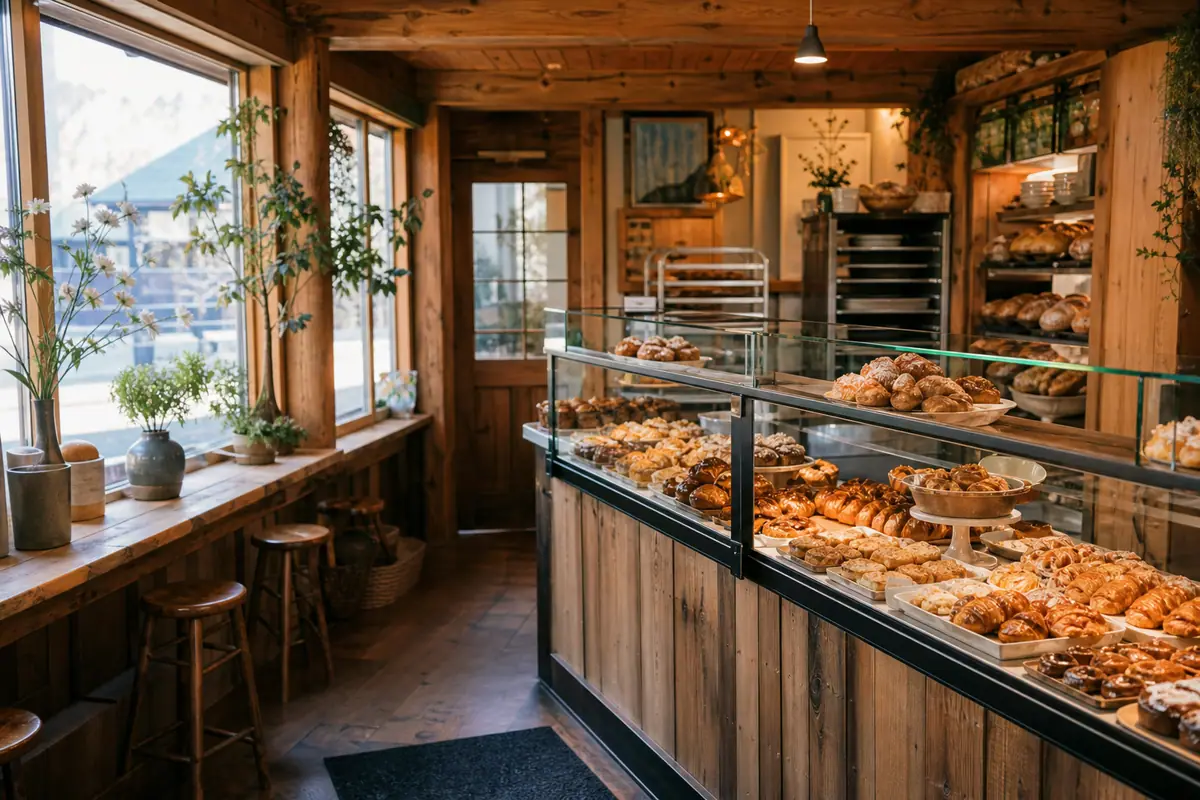 Photorealistic travel-editorial view of Persephone Bakery in Jackson, Wyoming