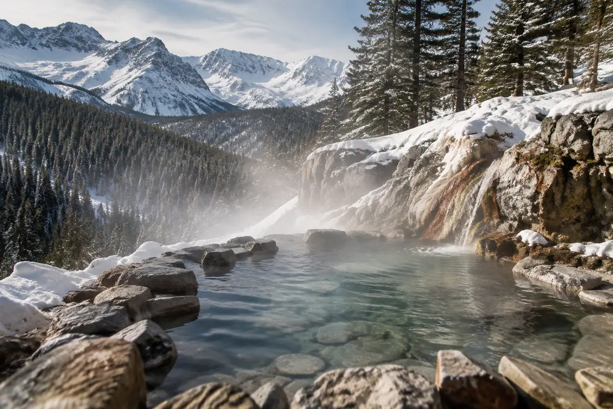 Photoreal steaming Granite Hot Springs in a snowy Wyoming valley