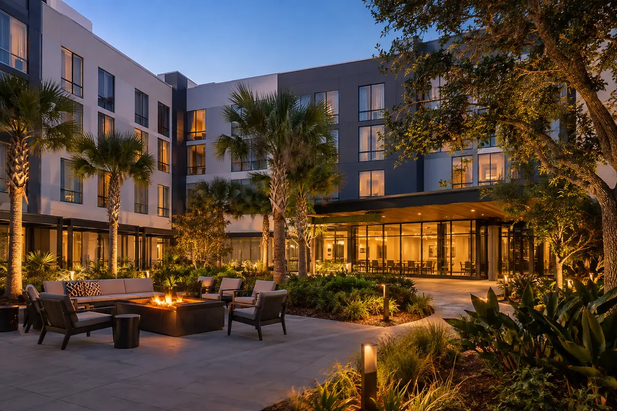 Photoreal travel-editorial view of Aloft Jacksonville Tapestry Park in Jacksonville, Florida