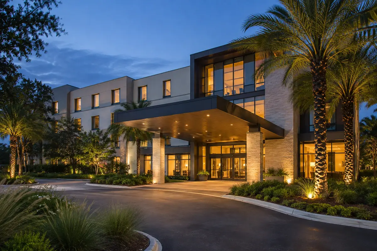 Photoreal travel-editorial view of Hotel Indigo Jacksonville-Deerwood Park in Jacksonville, Florida