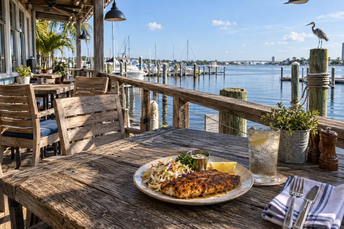 Photoreal travel-editorial view of Dockside Seafood Restaurant in Jacksonville, Florida