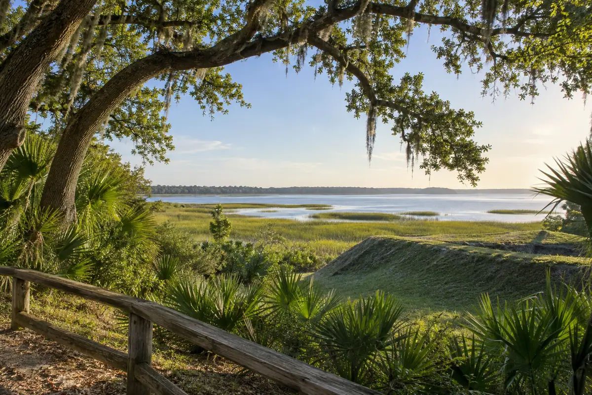 Photoreal travel-editorial view of Fort Caroline National Memorial in Jacksonville, Florida