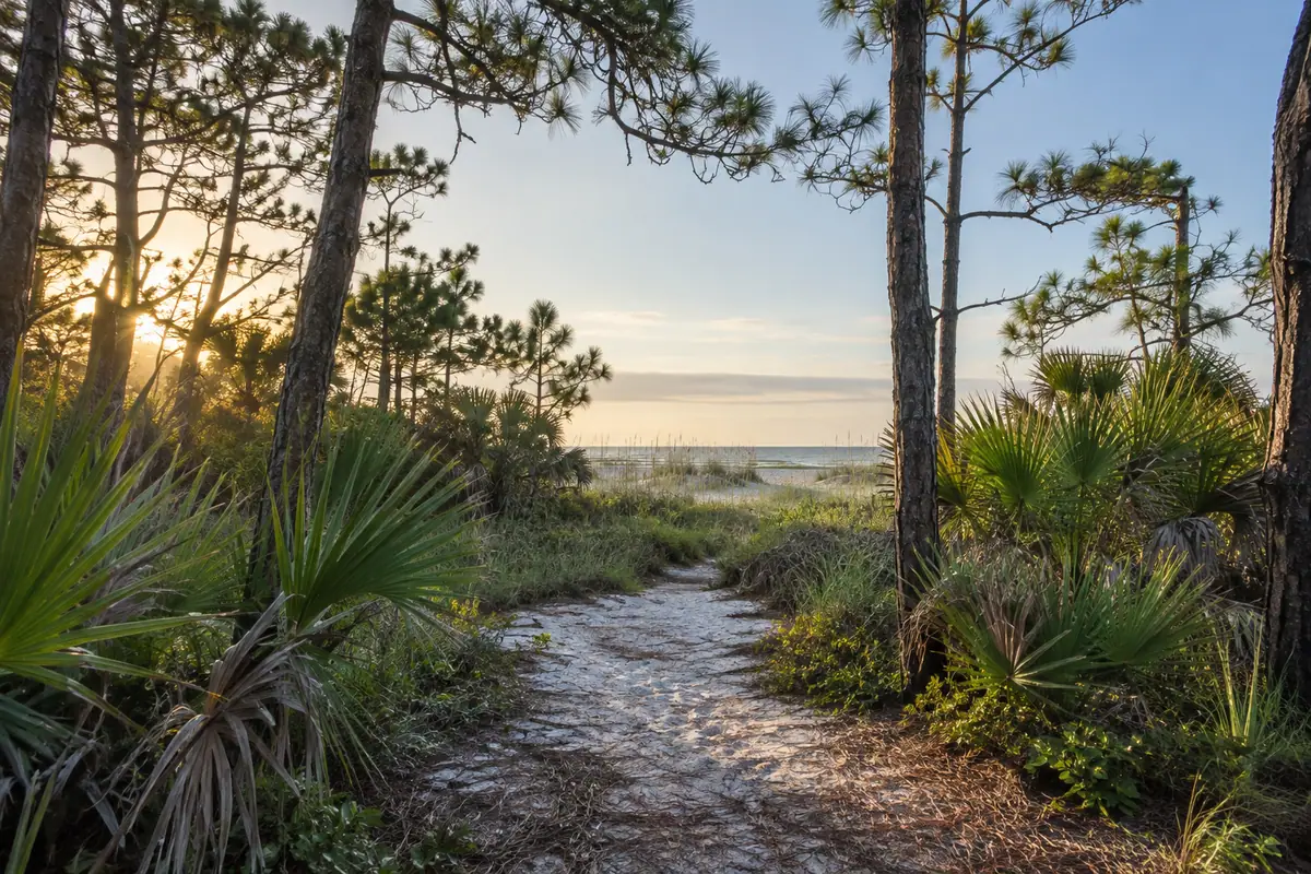 Photoreal travel-editorial view of Kathryn Abbey Hanna Park in Jacksonville, Florida
