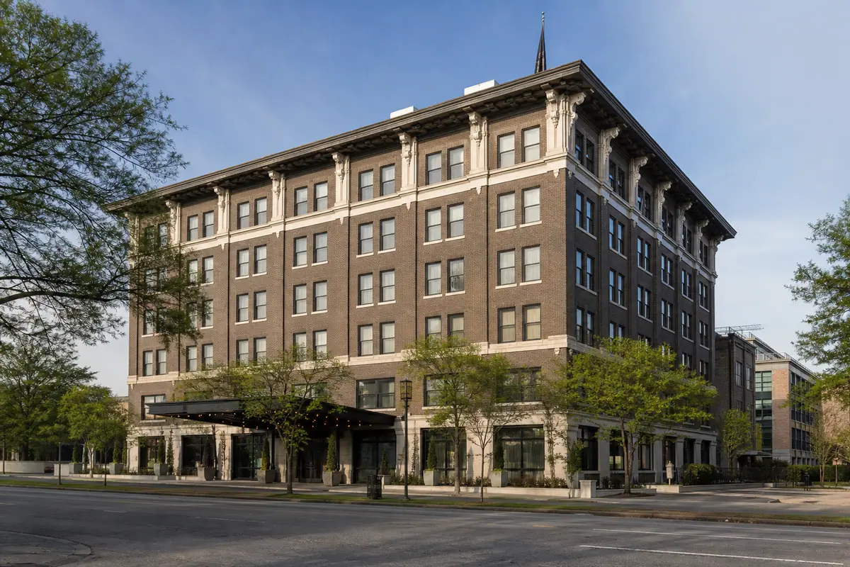 Photoreal travel-editorial view of Crossroads Hotel in Kansas City, Missouri