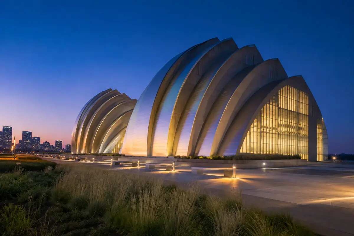 Photoreal Kauffman Center for the Performing Arts at twilight in Kansas City