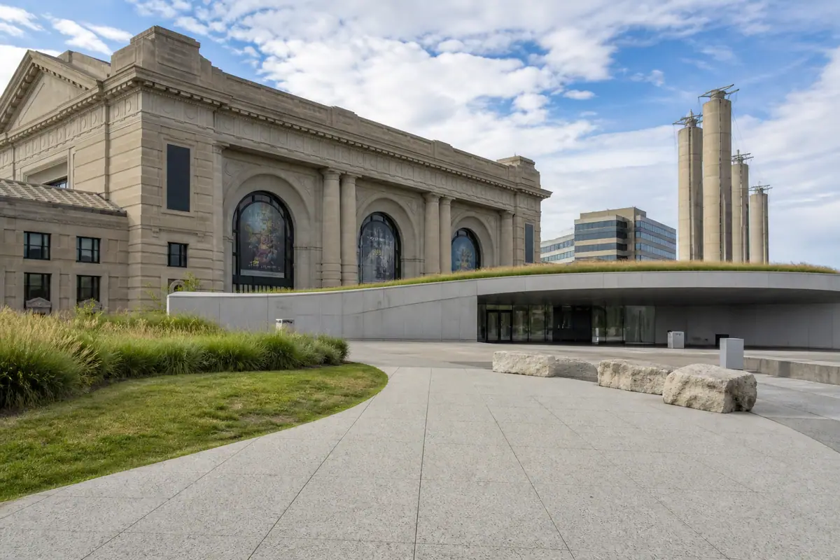Photoreal travel-editorial view of The Nelson-Atkins Museum of Art in Kansas City, Missouri